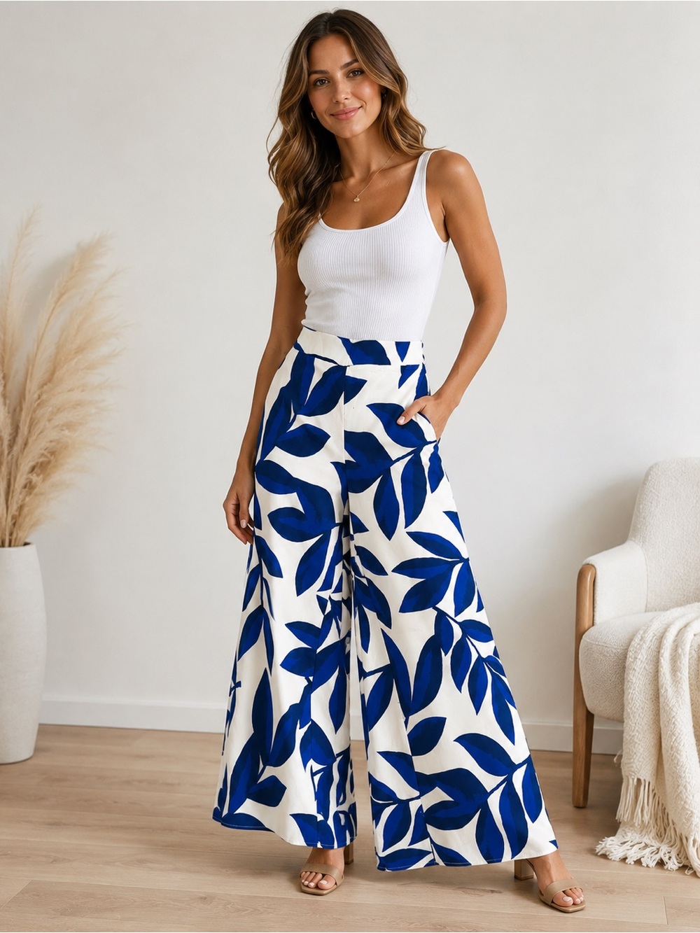 Wide Leg Tropical Print Pants - Blue & White